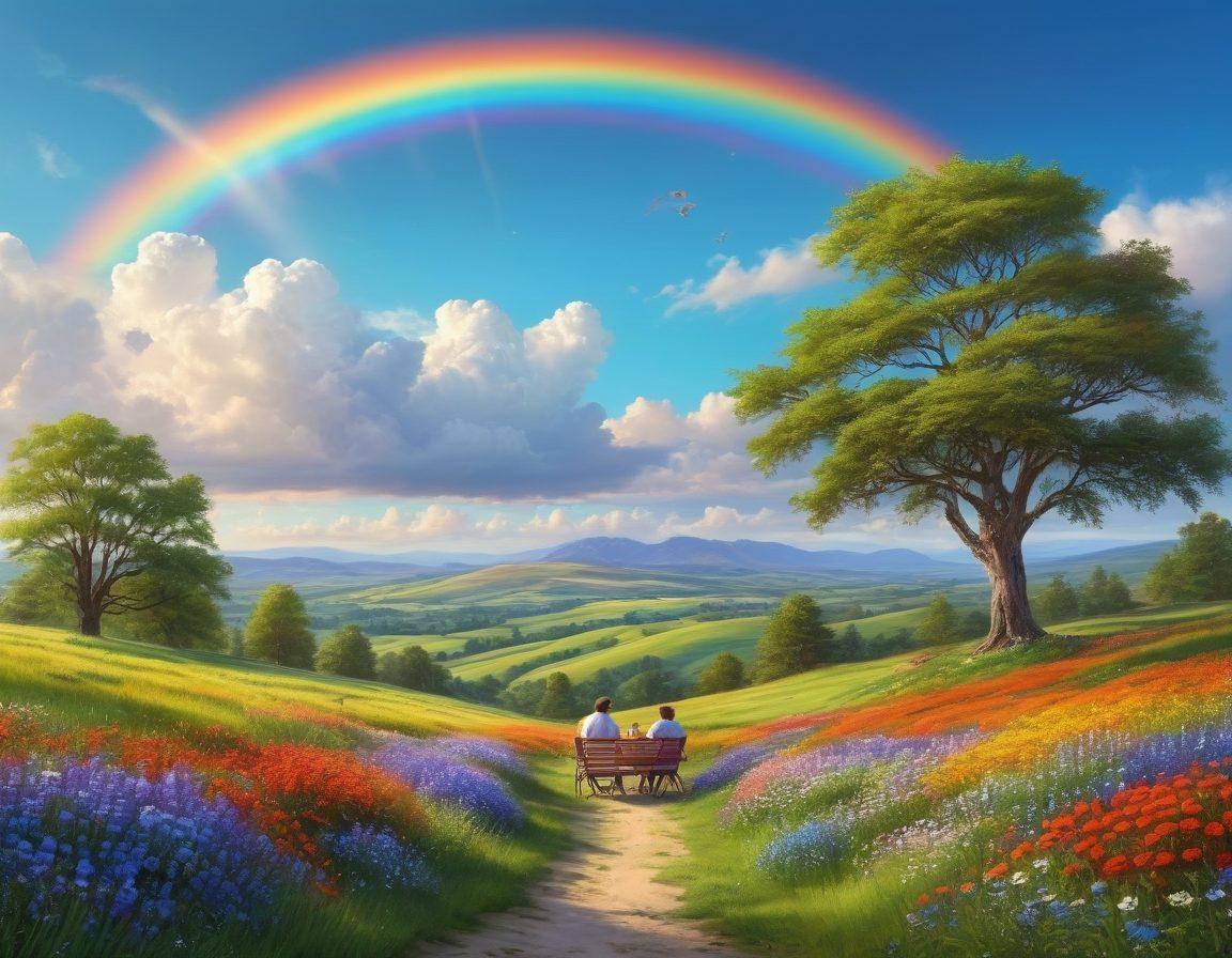 A serene landscape featuring lush emerald hills under a bright blue sky, dotted with fluffy white clouds. In the foreground, a joyful family is having a picnic, surrounded by colorful wildflowers, symbolizing blissful moments. A subtle rainbow arcs gracefully in the background, representing the journey of life. The overall scene is infused with vibrant colors and a sense of harmony. super-realistic. vibrant colors. white background.