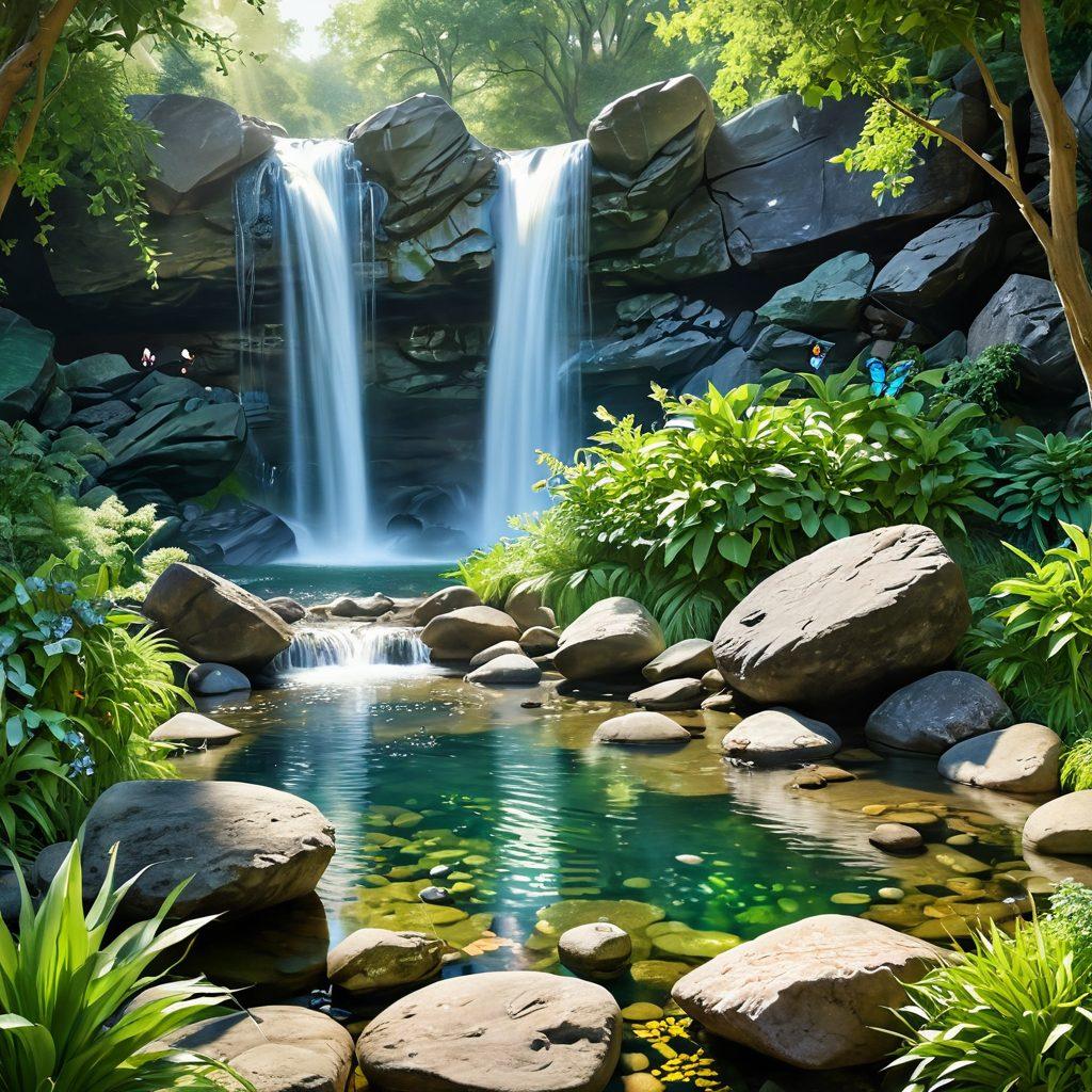 A serene landscape featuring various green gemstones like emeralds and jade scattered across lush grass, radiating light and vibrant energy. In the background, a tranquil waterfall cascades over rocks, reflecting the gem's hues. Soft, warm sunlight filters through leaves, creating an ethereal glow. Add a whimsical touch with butterflies fluttering around the scene. super-realistic. vibrant colors. peaceful atmosphere.